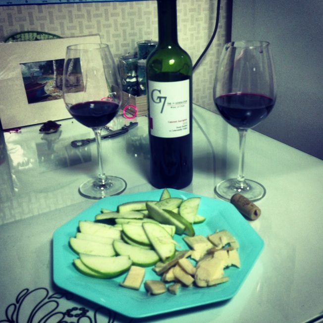 Wine/Apples/ Wisconsin cheese a special treat for us on a school night. ;)